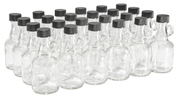 North Mountain Supply 1.7 Ounce Glass Syrup Bottles with Loop Handle & Black Plastic Lids - Case of 24