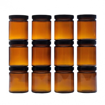 NMS 9 Ounce Amber Glass Straight Sided Mason Canning Jars - with 70mm Black Plastic Lids - Case of 12