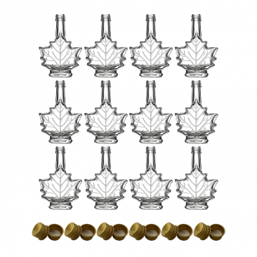 Maple Leaf Syrup Bottles with Metal Lids [1.7 fl oz, 50 ml, Clear Glass, Gold Metal Lids, Case of 12]