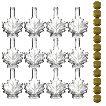 Maple Leaf Syrup Bottles with Metal Lids [3.4 fl oz, 100 ml, Clear Glass, Gold Metal Lids, Case of 12]