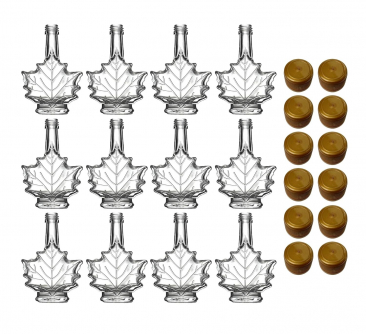 Maple Leaf Syrup Bottles with Tamper-Evident Plastic Lids [1.7 fl oz, 50 ml, Clear Glass, Gold Plastic Lids, Case of 12]