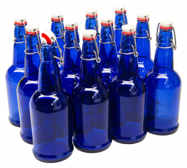 North Mountain Supply Cobalt Blue 16 oz Glass Grolsch-Style Beer Bottles - With Plastic Swing Top Caps - Case of 12