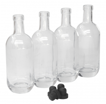 North Mountain Supply Moonea 750ml Clear Glass Wine/Spirits Bottle Bar Top Finish - With All Black Tasting Corks - Case of 4