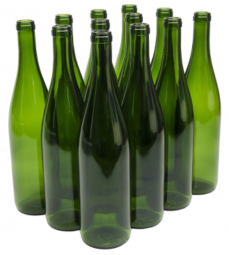 NMS 750ml Glass California Hock Wine Bottle Flat-Bottomed Cork Finish - Case of 12 - Champagne Green