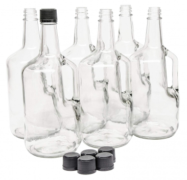 North Mountain Supply 1.75 Liter Clear Glass Jug With Handle and Black Plastic Tamper Evident Lids - Case of 6