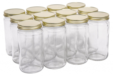 NMS 12 Ounce Glass Tall Straight Sided Mason Canning Jars - With 63mm Gold Metal Lids - Case of 12
