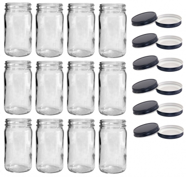 NMS 8 Ounce Glass Tall Mason Canning Jars 58mm Mouth - Case of 12 - With Black Lids