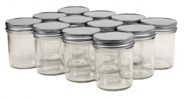 NMS 8 Ounce Glass Straight Sided Regular Mouth Canning Jars - Case of 12 - With Silver Lids