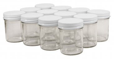 NMS 8 Ounce Glass Straight Sided Regular Mouth Canning Jars - Case of 12 - With White Lids