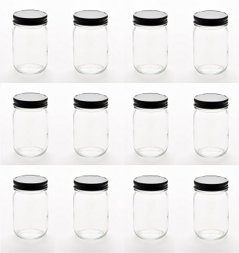 NMS 12 Ounce Glass Regular Mouth Mason Canning Jars - Case of 12 - With Black Lids