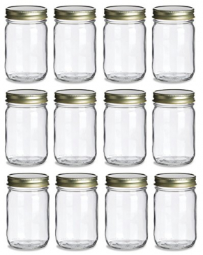 NMS 12 Ounce Glass Regular Mouth Mason Canning Jars - Case of 12 - With Gold Lids