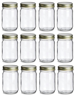 NMS 12 Ounce Glass Regular Mouth Mason Canning Jars - Case of 12 - With Gold Lids