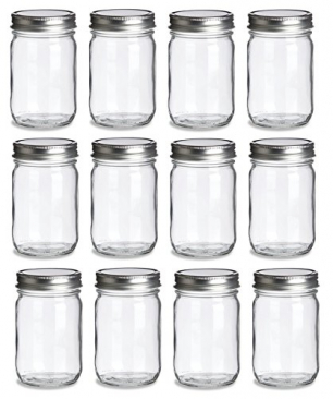 NMS 12 Ounce Glass Regular Mouth Mason Canning Jars - Case of 12 - With Silver Lids