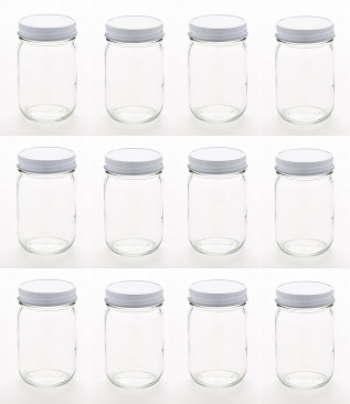 NMS 12 Ounce Glass Regular Mouth Mason Canning Jars - Case of 12 - With White Lids