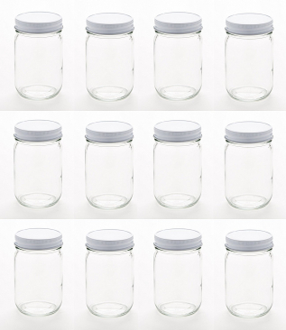 NMS 12 Ounce Glass Regular Mouth Mason Canning Jars - Case of 12 - With White Lids
