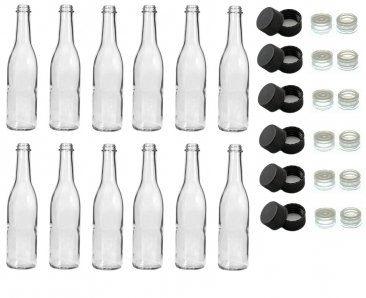 NMS Clear Glass Woozy Sauce Bottles 12 Ounce - Case of 12 - With Black Plastic Lids & Dripper Inserts
