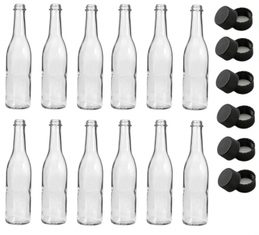 NMS Clear Glass Woozy Sauce Bottles 12 Ounce - Case of 12 - With Black Plastic Lids