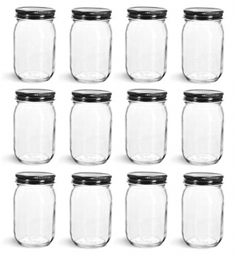 NMS 16 Ounce Glass Regular Mouth Mason Canning Jars - Case of 12 - With Black Lids