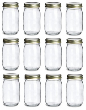 NMS 16 Ounce Glass Regular Mouth Mason Canning Jars - Case of 12 - With Gold Lids