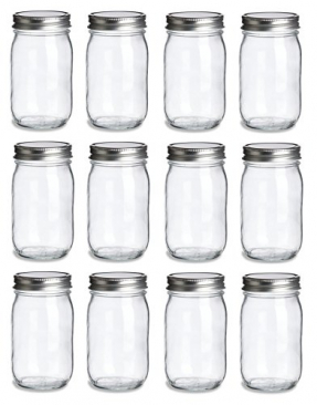 NMS 16 Ounce Glass Regular Mouth Mason Canning Jars - Case of 12 - With Silver Lids