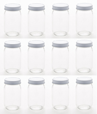 NMS 16 Ounce Glass Regular Mouth Mason Canning Jars - Case of 12 - With White Lids