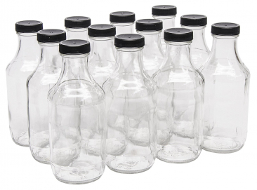 NMS 16 Ounce Glass Sauce Bottle - With 38mm Black Plastic Lids - Case of 12