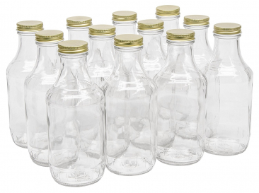 NMS 16 Ounce Glass Sauce Bottle - With 38mm Gold Metal Lids - Case of 12