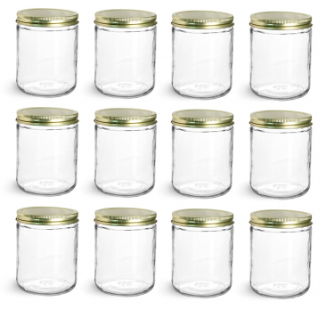 NMS 16 Ounce Glass Wide Mouth Straight-Sided Canning Jars - Case of 12 - With Gold Lids