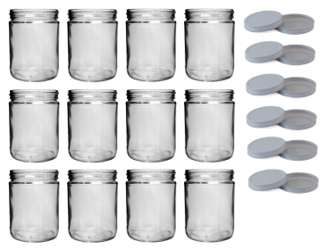 NMS 16 Ounce Glass Wide Mouth Straight-Sided Canning Jars - Case of 12 - With White Lids