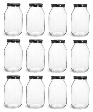 NMS 32 Ounce Quart Glass Regular Mouth Mason Canning Jars - Case of 12 - With Black Lids