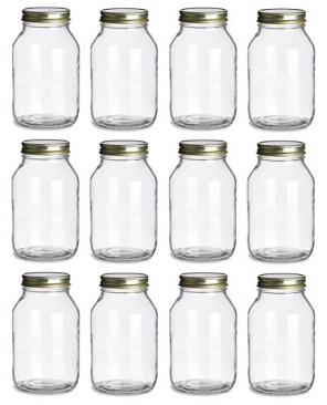 NMS 32 Ounce Glass Regular Mouth Mason Canning Jars - Case of 12 - With Gold Lids