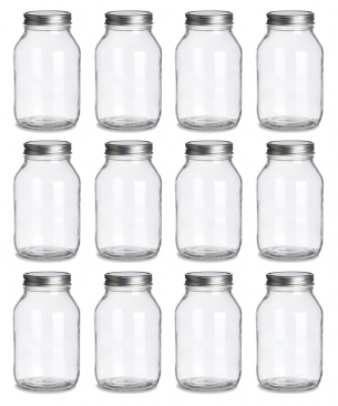 NMS 32 Ounce Glass Regular Mouth Mason Canning Jars - Case of 12 - With Silver Lids