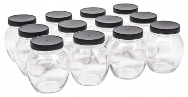 NMS 12 Ounce 63mm Mouth Glass Globe Canning Jars - With Black Plastic Lids - Case of 12