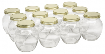 NMS 12 Ounce 63mm Mouth Glass Globe Canning Jars - With Gold Metal Lids - Case of 12