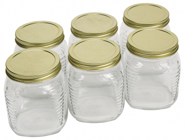 NMS 30.5 Ounce/2.5 LB Glass Wide Mouth Square Honey/Cracker/Storage/Canning Jars - With Gold Metal Lids - Case of 6
