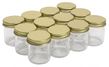 NMS 1.25 Ounce Glass Mini Canning Jars - With 43mm Gold Lids - Case of 12