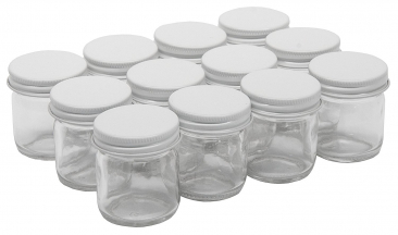 NMS 1.25 Ounce Glass Mini Canning Jars - With 43mm White Lids - Case of 12