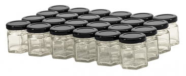 NMS 1.5 Ounce (45ml) Glass Hexagon Spice/Canning Jars 43 Lug - Case of 24 - With Black Lids