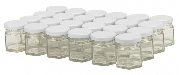NMS 1.5 Ounce (45ml) Glass Hexagon Spice/Canning Jars 43 Lug - Case of 24 - With White Lids
