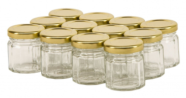 NMS 1.5 Ounce (45ml) 12 Sided Glass Spice/Canning Jars 43 Lug - Case of 12 - With Gold Lids