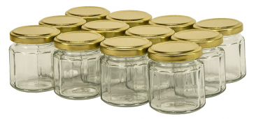 NMS 4 Ounce Glass 12 Sided Canning Jars 53 Lug - Case of 12 - With Gold Lids