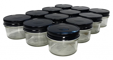 NMS 4 Ounce Glass Regular Mouth Mason Canning Jars - Case of 12 - With Black Lids