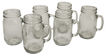 NMS Glass Pint Mug Handle Mason Drinking Jars - With Black Plastic Lids - Case of 6