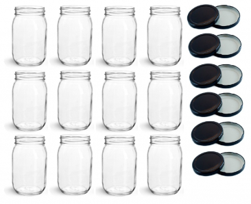 NMS 16 Ounce Lug Thread Glass Mason Canning Jars - With Black Lids - Case of 12