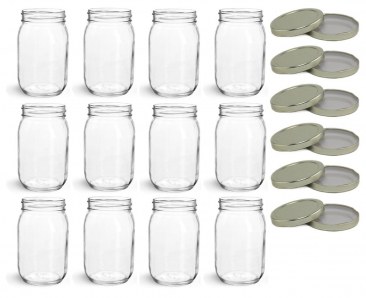 NMS 16 Ounce Lug Thread Glass Mason Canning Jars - With Gold Lids - Case of 12