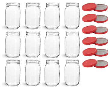 NMS 16 Ounce Lug Thread Glass Mason Canning Jars - With Red Lids - Case of 12
