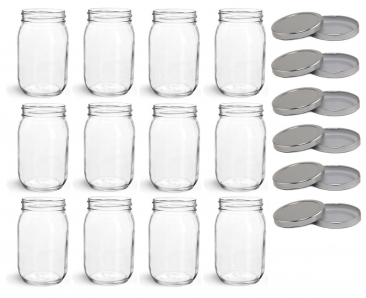 NMS 16 Ounce Lug Thread Glass Mason Canning Jars - With Silver Lids - Case of 12