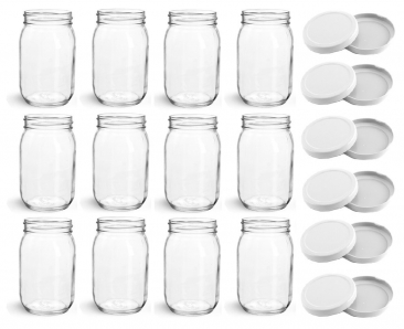 NMS 16 Ounce Lug Thread Glass Mason Canning Jars - With White Lids - Case of 12