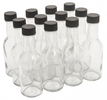 NMS 1.7 Ounce Clear Glass Mini Woozy/Sauce Bottles - With Black Plastic Lids - Case of 12