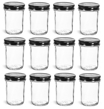 NMS 8 Ounce Glass Regular Mouth Tapered Canning Jars - Case of 12 - With Black Lids